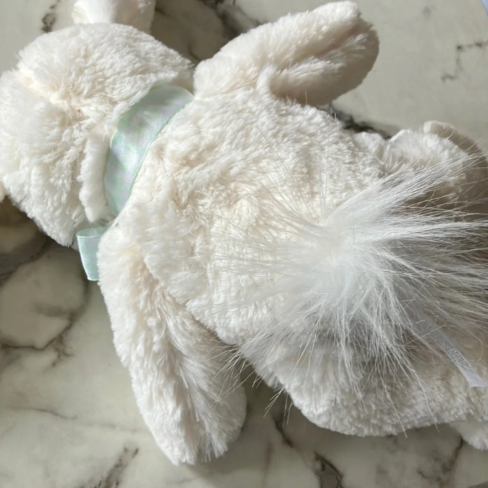 Green Kids Hat with Blue Flower, matching purse‎ and plush white Bunny